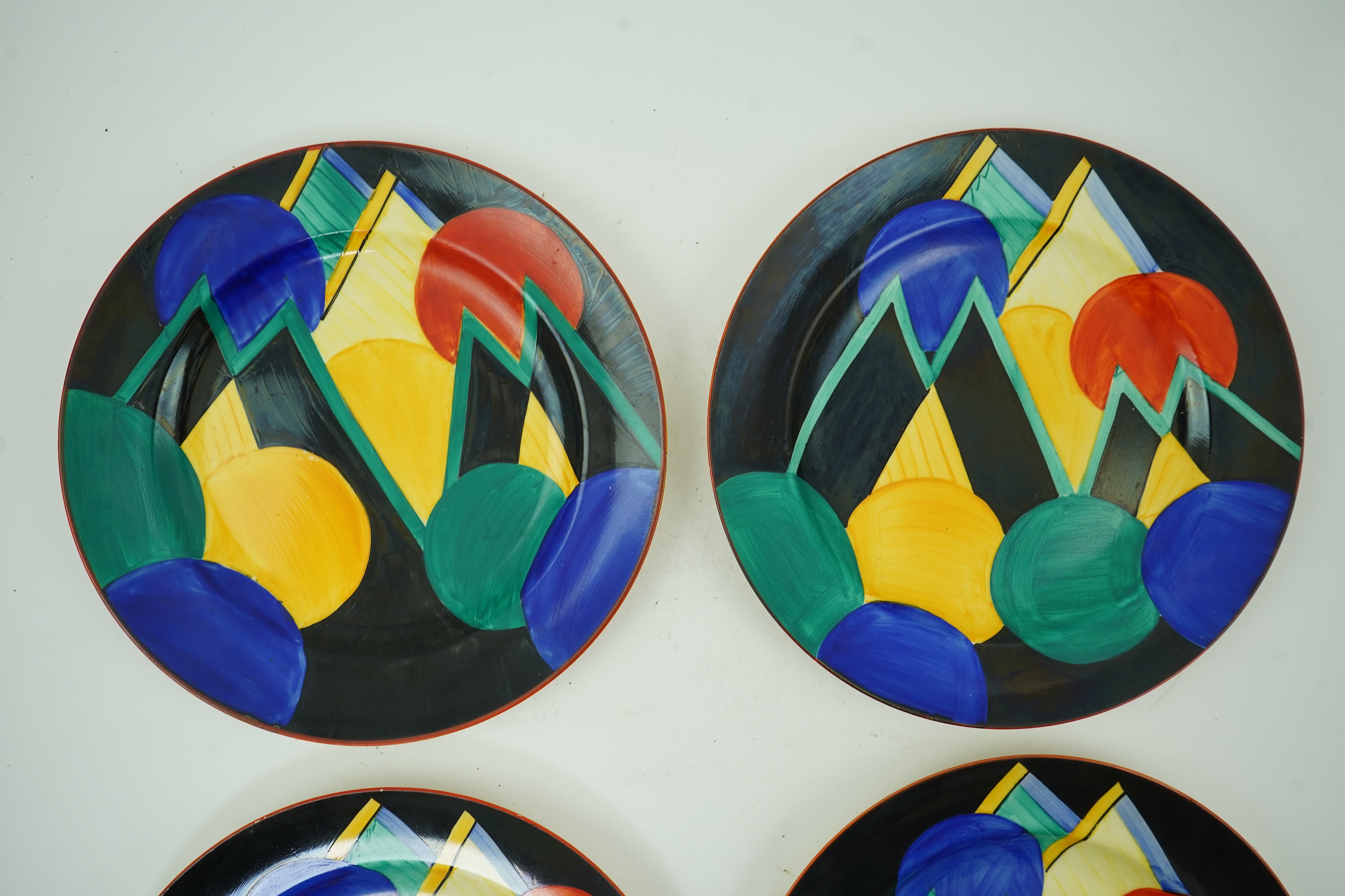 Susie Cooper OBE (1902-1995) for Gray's pottery: Four 'Moon and Mountain' pattern plates